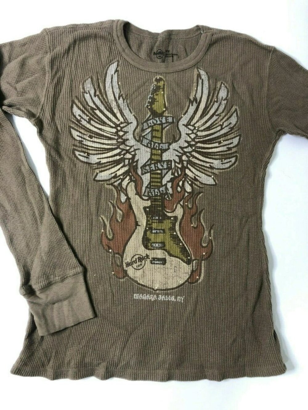 Hard Rock Cafe Love All Serve All Thermal Winged Back Brown T-Shirt Sz L